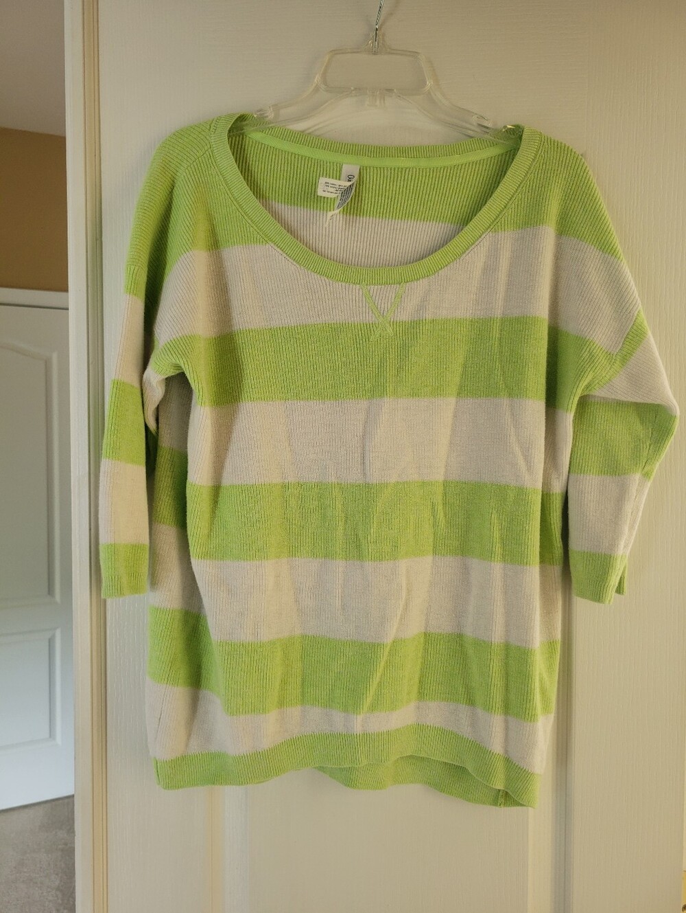 Aeropostale Womens Striped Knit Sweater XL Lime Green White Scoop Neck Pullover